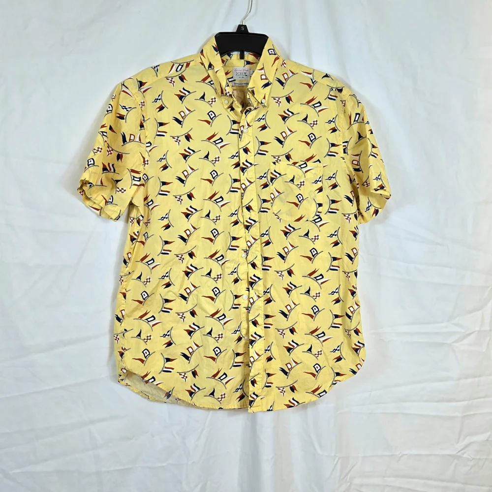 J. Crew Secret Wash Men's Yellow Nautical Flag Classic Fit Short Sleeve Shirt Me